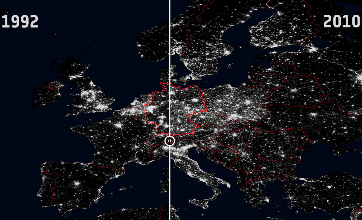 Lichtverschmutzungs-Karte & Entwicklung Deutschland Europa 1992/2010